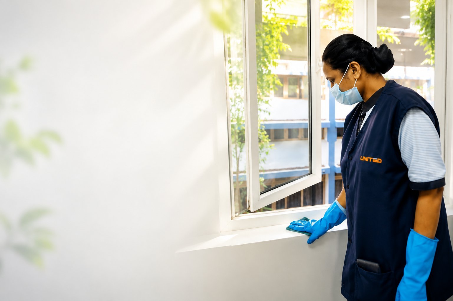United Facility Management staff member cleaning a window